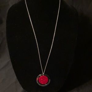 Silver Tone Necklace / Red Pendant